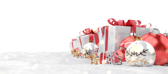Red christmas baubles and gifts background 3D rendering