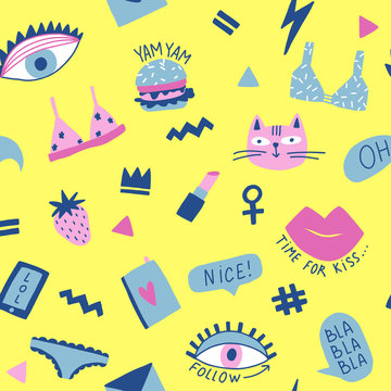 Seamless pattern with hand phrases and symbols for teenage girls.