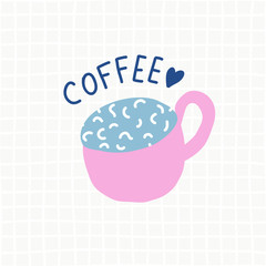 Vector coffee cup cartoon illustration. Cute logo.