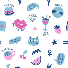 Seamless pattern with hand phrases and symbols for teenage girls.