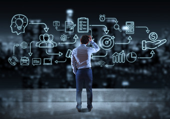 Businessman watching thin line icon project plan presentation