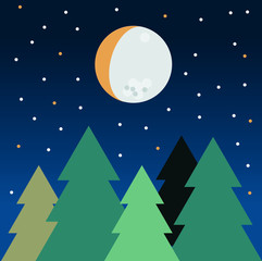 Forest at night. Moon in the sky. Vector illustration