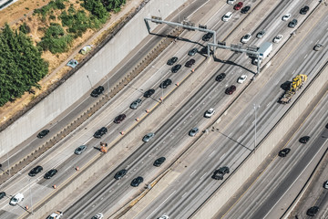 aerial view of interstate 5 traffic jam crossing Seattle, Washington state, USA.