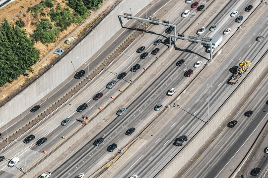 Aerial View Of Interstate 5 Traffic Jam Crossing Seattle, Washington State, USA.