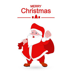 Set of cartoon Christmas illustrations isolated on white. Funny happy Santa Claus character with gift, bag with presents, waving and greeting. For Christmas cards, banners, tags and labels.