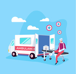 Sad patient victim man character sitting on stretcher with broken leg, hand and head near ambulance car. Aid medicine rescue disaster concept. Vector flat cartoon graphic design isolated illustration