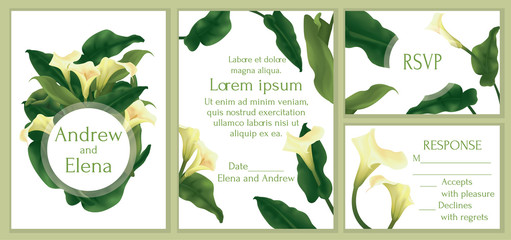 Set. Wedding invitation, RSVP. composition of calla lily, leaves. White background. Clipping mask.