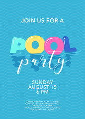 Pool party poster with inflatable rings in swimming pool vector illustration