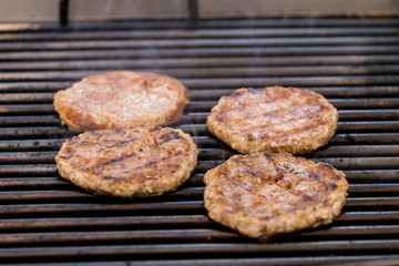 Grilled meat / pork burgers, grill, smoke and light aroma - Cooking grill burgers process