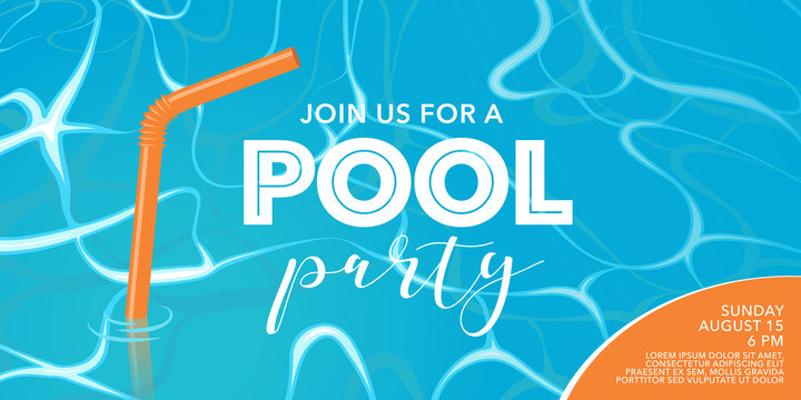 Pool party poster, banner with straw in the swimming pool vector illustration