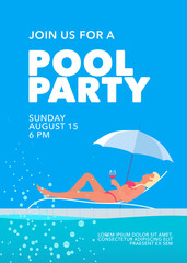 Pool party poster with girl under umbrella and swimming pool vector illustration