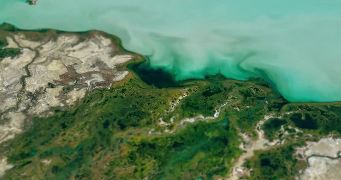 Very high-altitude circular tracking shot of Lake Balkhash, Kazakhstan with tilt-shift effect. Reversible. Elements of this image furnished by NASA. 