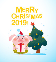 Vector Merry Christmas illustration with decorated fir tree and cute smiling little pig character holding gift box in flat cartoon style standing on white background. Symbol of New year holidays.