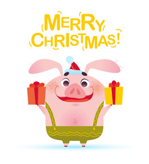 Vector Merry Christmas illustration with cute smiling little pig character in Santa hat holding gift box in flat cartoon style isolated on white background. Symbol of New year & Xmas holidays.