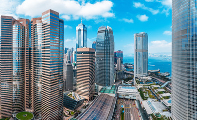 Panorama view of Hong Kong skylines with beautiful blue sky