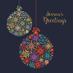 Christmas card, colorful snowflake balls ornaments © Danussa