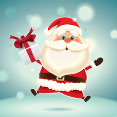 Santa Claus with gift box jumping up isolated on a turquoise sparkle background,Christmas greeting card