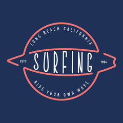 Vintage Surfing Emblem for web design. Surfer logo template. Surfboard elements. Floral t-shirt print. Surfing related apparel design.