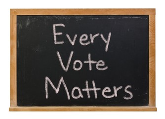 Every vote matters written in white chalk on a black chalkboard isolated on white