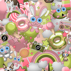 Seamless pattern with childish cartoon style elements. Child concept wallpaper texture.