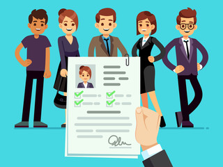 Recruitment. Recruiter choosing candidates with female cv resume vector illustration. Career and recruitment resume