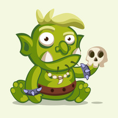 Illustration of a sitting little green ogre with blond hair and a skull in arm