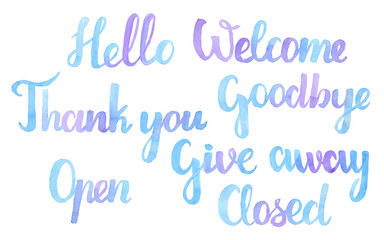 Watercolor hand lettering quote in blue and violet colors, isolated on white.