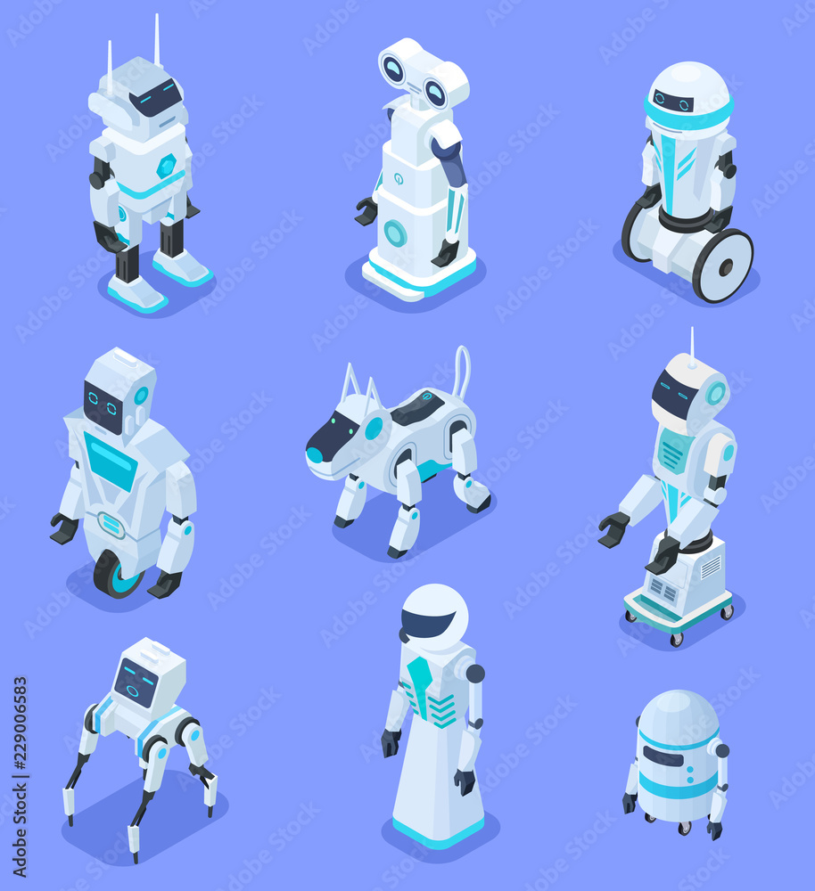Poster isometric robots. isometric robotic home assistant security robot pet. futuristic 3d robots with art