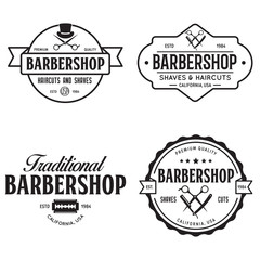 Fototapeta premium Set of vintage barbershop labels. Templates for the design of logos and emblems. Collection of barbershop - symbols razor, pole, scissors.