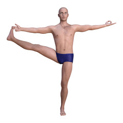 Yoga man in utthita hasta padangusthasana or extended hand-to-big-toe pose. Square 3d render isolated on white.