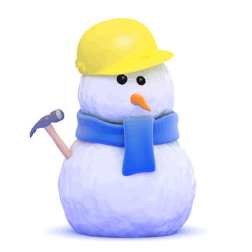 Vector 3d Builder snowman wearing a hard hat and holding a hammer