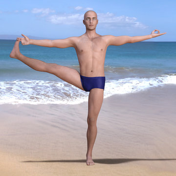 Yoga man in utthita hasta padangusthasana or extended hand-to-big-toe pose on a sandy beach. Square 3d render.