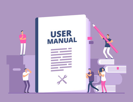 User Manual Concept. People With Guide Instruction Or Textbooks. User Reading Guidebook And Writting Guidance. Vector Illustration. Manual Book Instruction, Handbook Help Guide