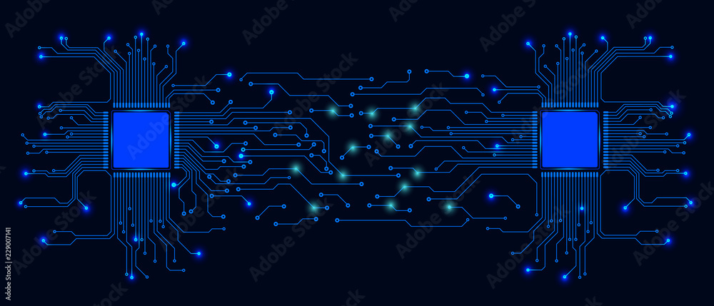 Poster Circuit Board Technology CPU Microprocessor Interface Connection Vector Background. Blue Abstract Scifi PCB Trace Data Transfer Design Illustration.