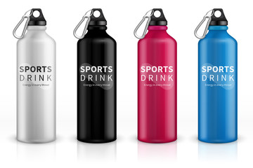 Sports stainless bottles. Bike metal reusable drink flask. 3d realistic vector mockup. Illustration of container water for sport bike and fitness
