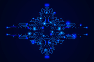 Circuit Board Technology CPU Microprocessor Interface Connection Vector Background. Blue Abstract Scifi PCB Trace Data Transfer Design Illustration.