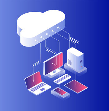 Cloud computing. Information technology with laptop computer and smartphone configuration. Cloud services isometric vector concept. Illustration of computer isometric, database synchronization
