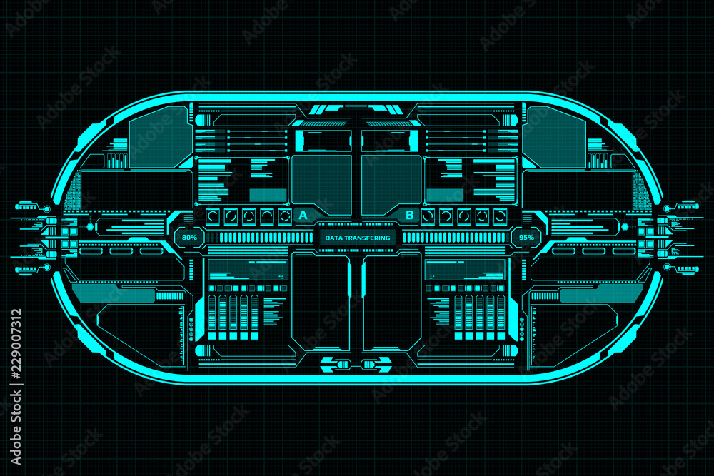 Poster HUD Futuristic Technology Interface Elements Panel Vector. Abstract Virtual Cyber Object Pack For Game App UI Illustration.