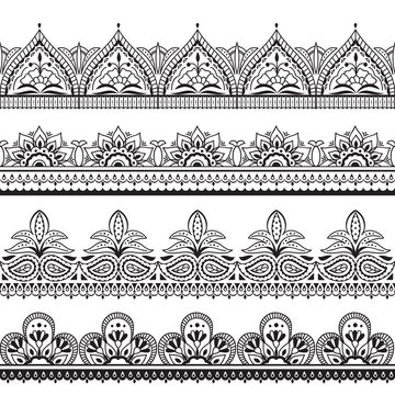 Mehndi indian design. Henna oriental seamless borders. Indian floral ornament vector frames. Illustration of border seamless pattern tattoo embellishment