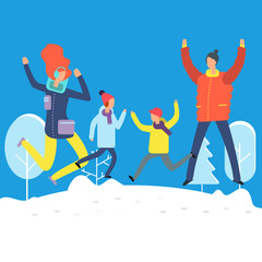 Cartoon characters in winter clothes. Happy family jumping in snowdrift. Winter scene and happy family illustration