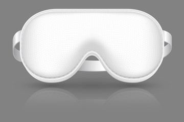 White sleeping mask. Blindfold for airplane relax. Cover on eyes. Realistic vector mockup. Illustration of mask sleep for eye relaxation night in airplane