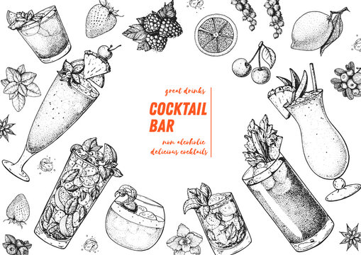 Alcoholic cocktails hand drawn vector illustration. Cocktails sketch set. Engraved style. Mai tai, singapore sling, mojito, whisky sour, mint julep, bloody mary, pina colada.