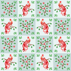 Seamless floral pattern in oriental design style with peacocks and floral elements.