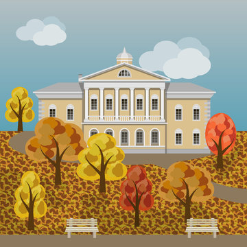 Cartoon rich manor house or palace in colorful autumn landscape