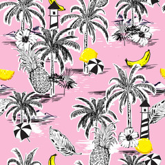 Beau modèle d& 39 île sans couture. Paysage avec palmiers, fruits, fleur d& 39 hibiscus, banane, orange, plage et océan vecteur style dessiné à la main