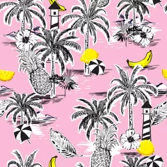 Plexiglas keuken achterwand Tropische print Mooi naadloos eilandpatroon. Landschap met palmbomen, fruit, hibiscusbloem, banaan, sinaasappel, strand en oceaan vector handgetekende stijl