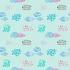 Watercolor hand painted decorative textured spots, clouds, dots, stars. Bright modern style abstract collection. Seamless pattern isolated on blue background for children's,