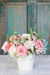 Bouquet of roses, matthiolas and ranunculus flowers