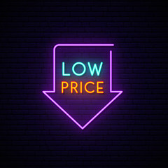 Black Friday neon signboard. Light arrow with Low Price inscription. Vector design template.