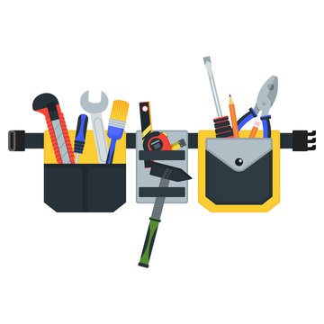 Belt with tools. Conceptual image of tools for repair, construction and builder. Concept image of work wear. Cartoon flat vector illustration. Objects isolated on a background.